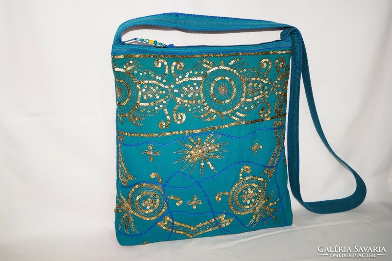 Turquoise Gold Floral Indian Sari Hand Embroidered Medium Sequin Shoulder Bag for Women