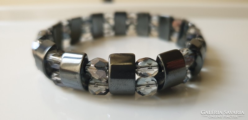 Hematite bracelet with smoky polished glass beads.