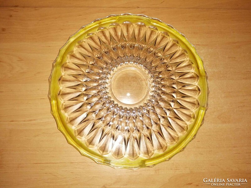 Sárga szélű üveg tortatál, sütemény kínáló - átm. 27,5 cm (6p)