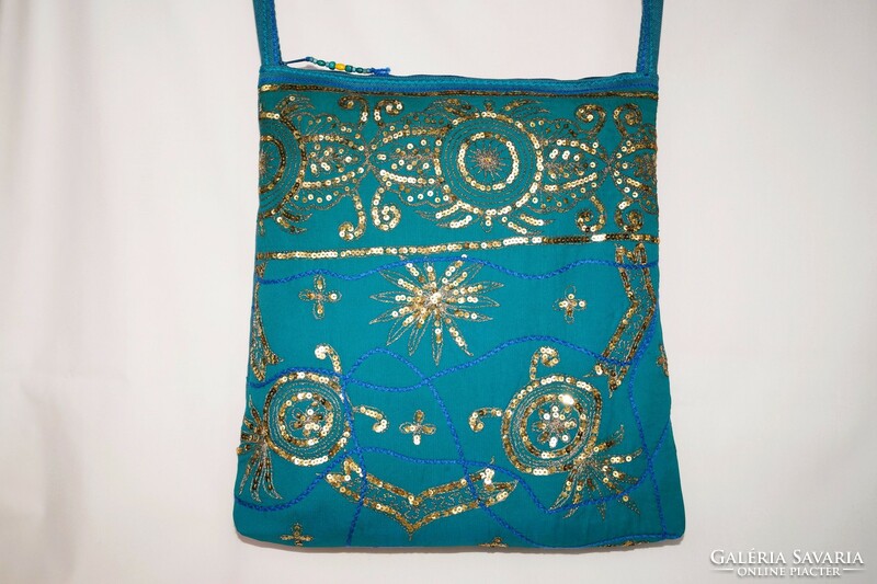 Turquoise Gold Floral Indian Sari Hand Embroidered Medium Sequin Shoulder Bag for Women