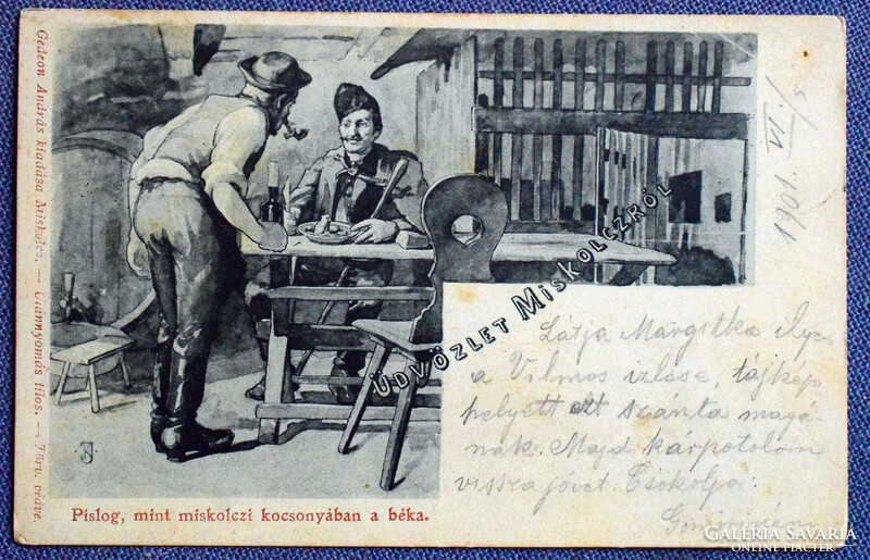 Miskolcz - Pislog , mint miskolczi kocsonyában a béka - grafikus képeslap , katona   1901