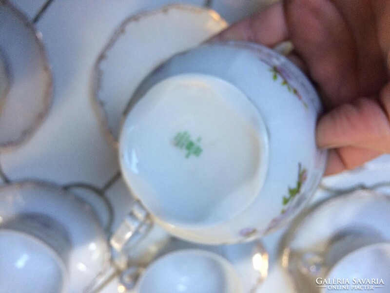 Set of 6 Zsolnay flower patterned porcelain tea cups and coasters with Gundel inscription
