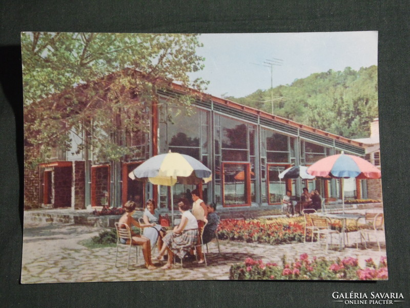 Képeslap, Balaton Tihany étterem látkép, terasz részlet emberekkel