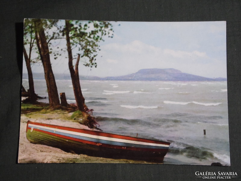 Postcard, Balaton view of Badacsony, storm on Balaton, beach detail with boat