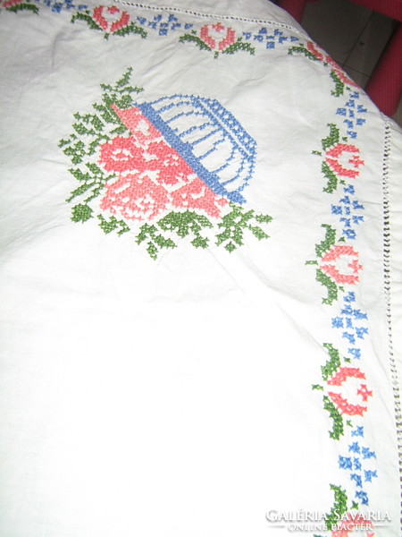 Beautiful antique hand-embroidered cross-stitch folk white linen tablecloth