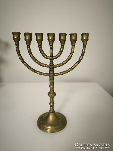 Antique copper menorah, 7-branch candlestick, Judaica