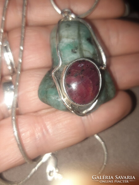 Emerald and ruby amulet - silver jewelry