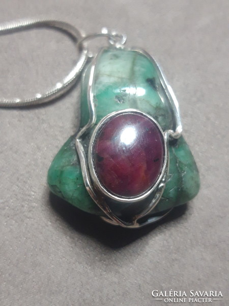 Emerald and ruby amulet - silver jewelry