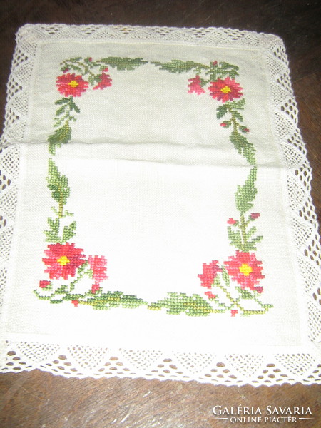 Hand-embroidered floral tablecloth with a charming small cross stitch