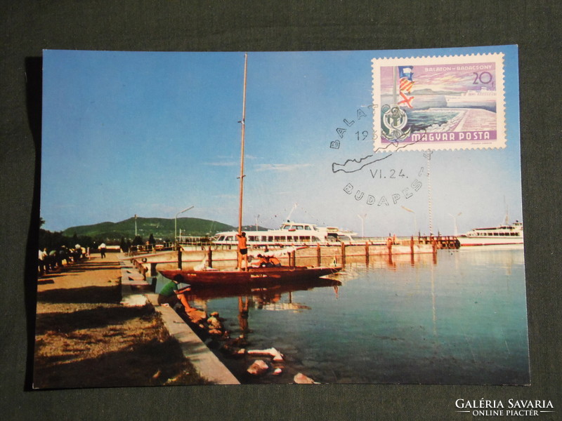 Postcard, Balaton beach, Badacsony pier, harbor detail with ships, Balaton Budapest stamp