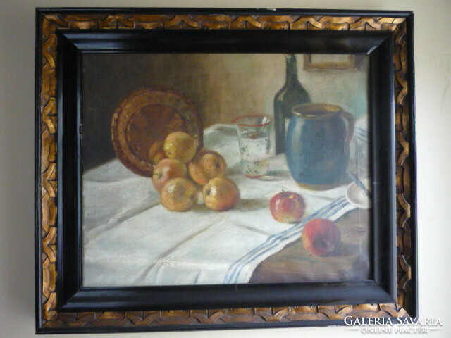 Antique oil canvas painting, table still life with apples 2402 14