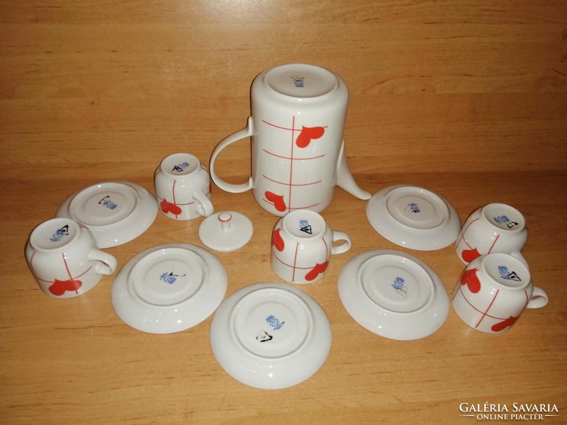 Alföldi porcelán szivecskés kávéskészlet - 1 db kiöntő, 5 db csésze aljjal (16/K)