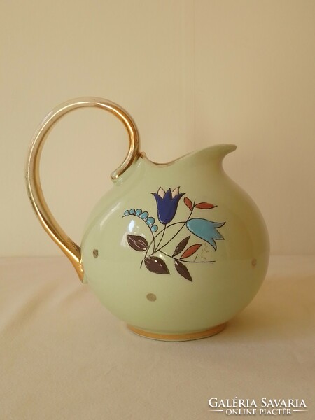 Antique old special rare!! Belgian glazed earthenware gilded hand painted floral pattern pouring jug