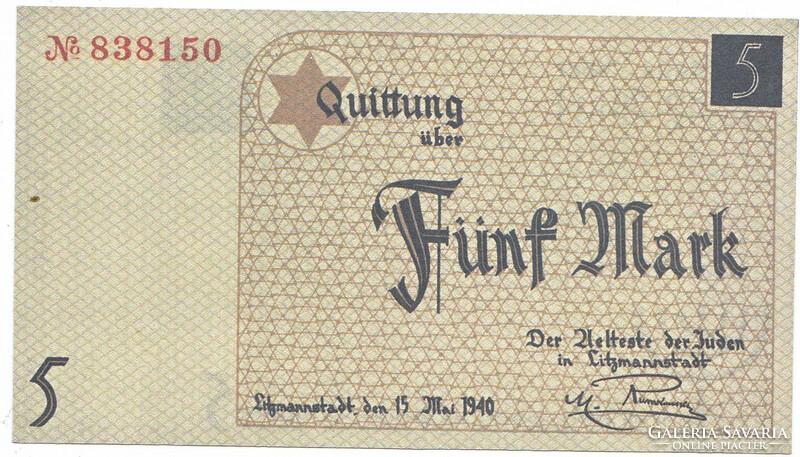 Poland money of the Lóc ghetto 5 marks 1940 replica unc