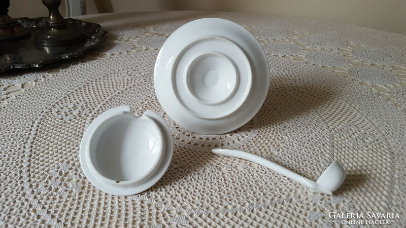 Beautiful old porcelain bowl with mustard and jam, with spoon