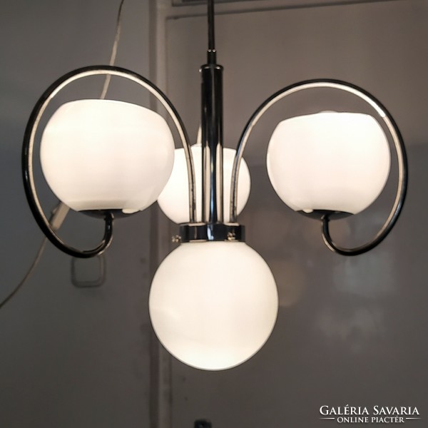 Art deco - bauhaus nickel-plated chandelier renovated - milk glass spherical shades