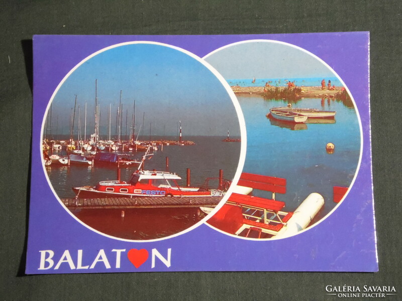 Postcard, balaton mosaic details, pier, bay, harbor detail with boats, water bike