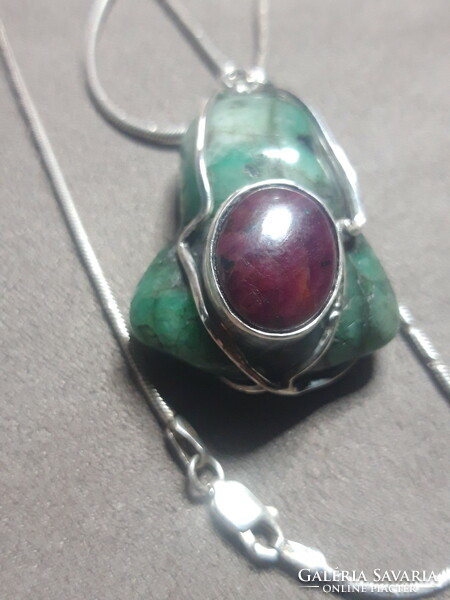 Emerald and ruby amulet - silver jewelry