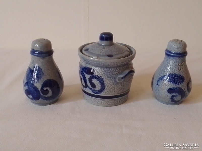 Old marked blue gray handmade salt glazed stoneware table spice salt pepper mustard wicker basket