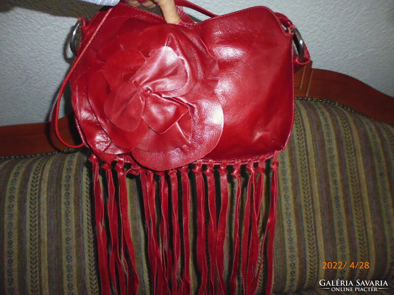 Ria ..Special fringe women's cherry red genuine leather bag ..