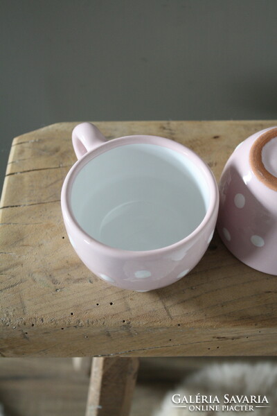 Cappuccino tea pink polka dot ceramic cup - new, flawless