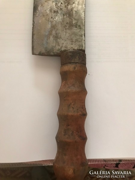 Meat cutter / butcher's axe, with iron head and carved wooden handle. Old. It was my grandfather's. 18cm x 14cm