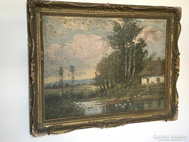 Antique village landscape oil canvas painting blonde frame 80 x 60 cm