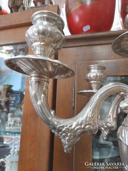 Spanish large-sized, fire-branded, thickly silver-plated pair of 5-branch candle holders. Marked. 37.5 Cm.