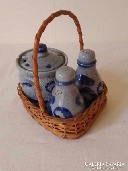 Old marked blue gray handmade salt glazed stoneware table spice salt pepper mustard wicker basket