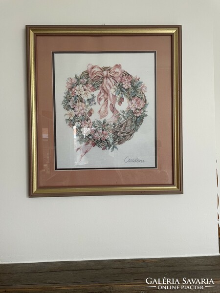 Wonderful pastel picture, cross stitch wreath print 56x51 cm