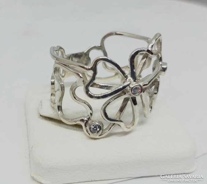 Szecessziós stílusú virágos, köves ezüst női gyűrű, kért méretre készítve