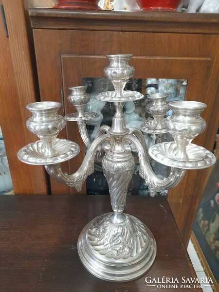 Spanish large-sized, fire-branded, thickly silver-plated pair of 5-branch candle holders. Marked. 37.5 Cm.