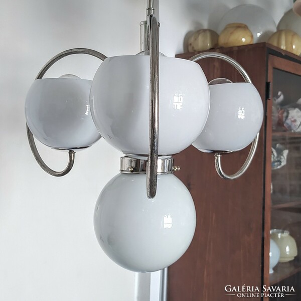 Art deco - bauhaus nickel-plated chandelier renovated - milk glass spherical shades