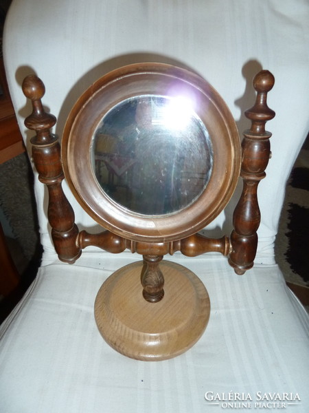 Table-top round hand mirror, rotatable, round wooden base, old Polish
