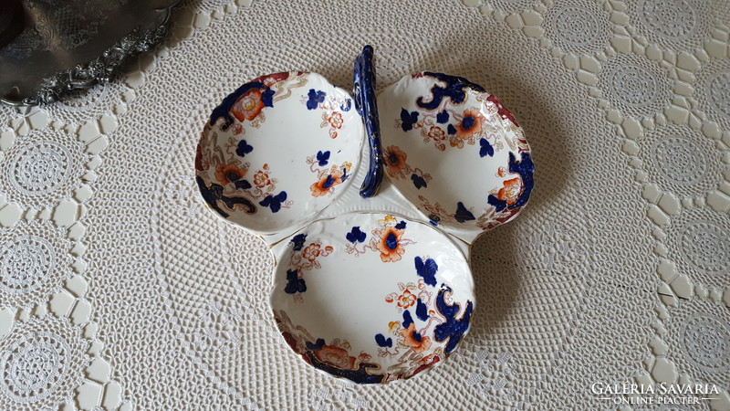 Antique English porcelain, cobalt-gold floral pattern, divided tray