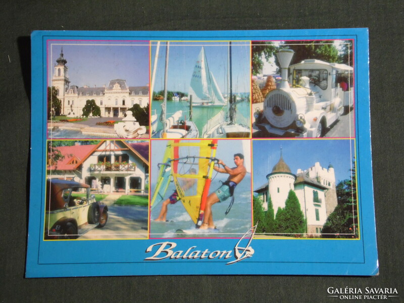 Postcard, Balaton mosaic details, Keszthely, Badacsony, tavern, sailing, walking train, castle