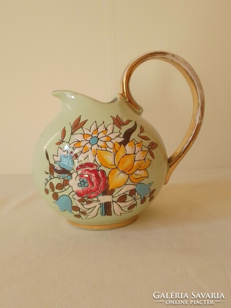 Antique old special rare!! Belgian glazed earthenware gilded hand painted floral pattern pouring jug