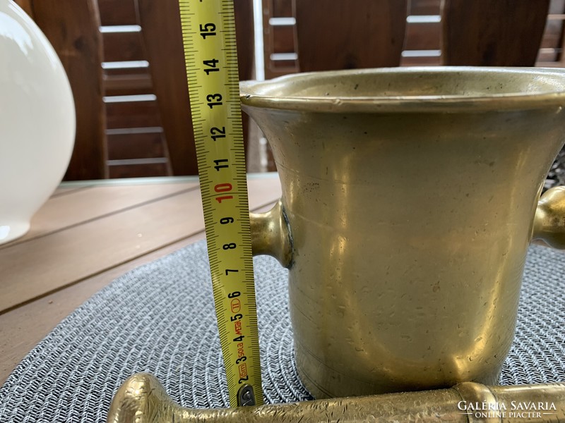 Large heavy antique copper mortar with dagger