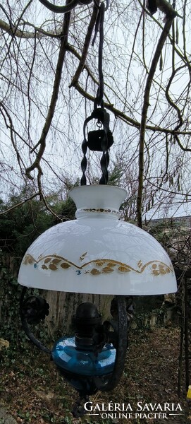 Antique petroleum chandelier lamp, wrought iron, milk glass shade. . Even electrified if you put a light bulb in the bulb