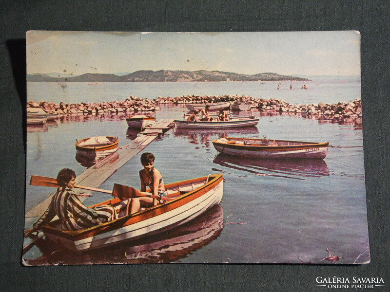 Postcard, Balaton beach, skyline, detail with people renting boats