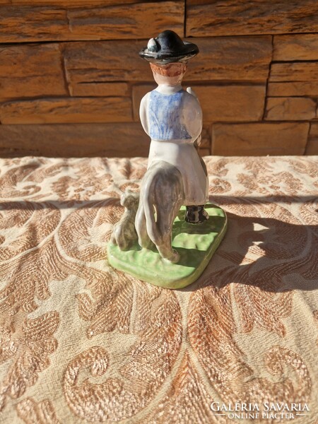 Izsépy ceramics, boy on a donkey, on a donkey's back, with a Puli dog, figure of a boy with a colt.