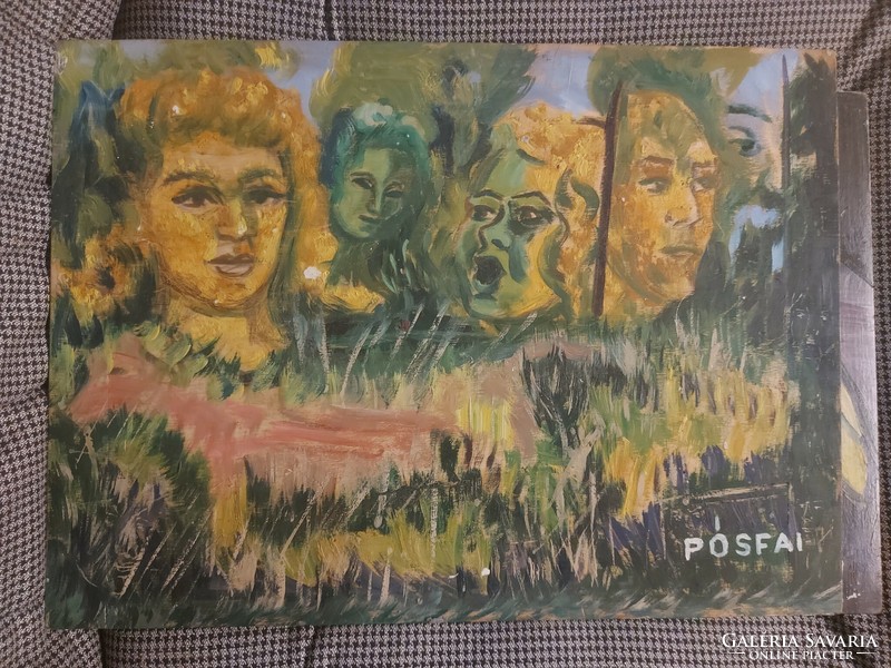 L.Kovács Júlia/Pósfai Júlia/Pósfainé: " Rejtőzködők az erdőben", festmény, olaj, falap, 35x49 cm