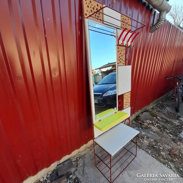 Retro hall wall with mirror, metal, wood, plastic and artificial leather elements