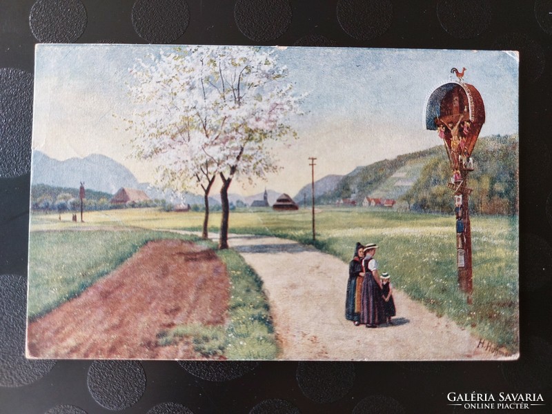 Old postcard spring rural landscape