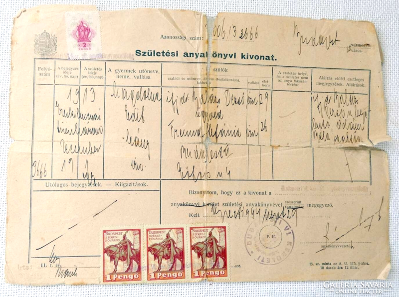 1913. eredeti anyakönyvi kivonat, az apa dr. Balázs Dezső, Hajós Alfréd olimpikon sógora