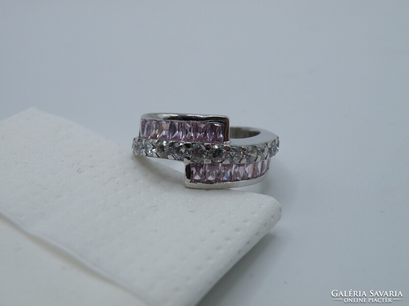 Uk0196 pink and clear stone sterling silver 925 ring size 55 1/2