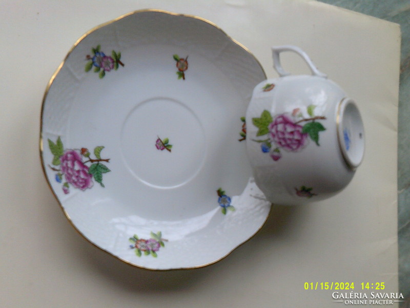 Herend Eton patterned porcelain tea cup + saucer plate, with basket-weave convex edge.