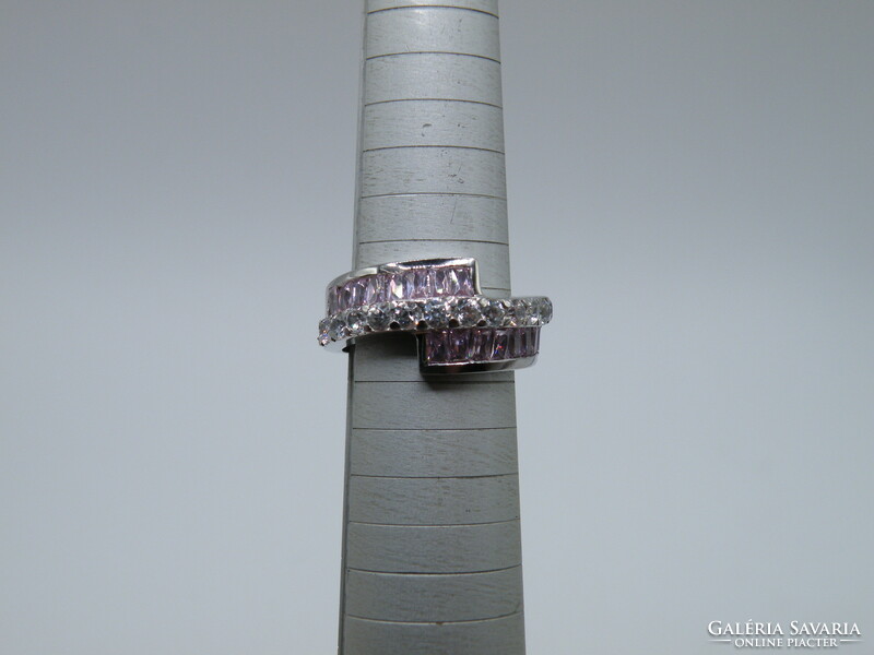 UK0196 Rózsaszín és áttetsző köves ezüst 925 gyűrű méret 55 1/2