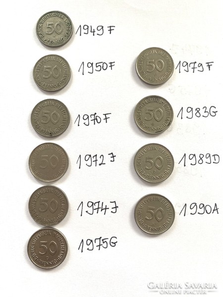 Each is a different vintage! 10 pieces of nsk 50 pfennig 1949-1990 German Germany