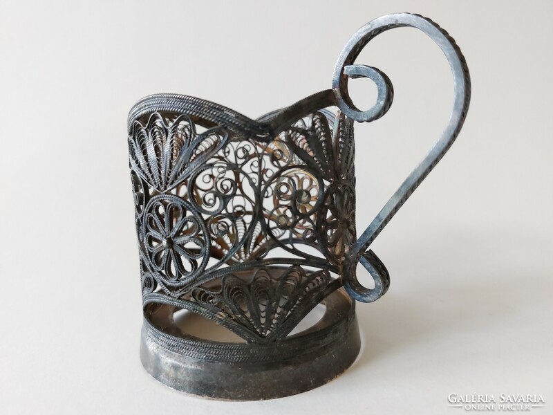 Old Russian cup holder metal filigree samovar tea cup holder